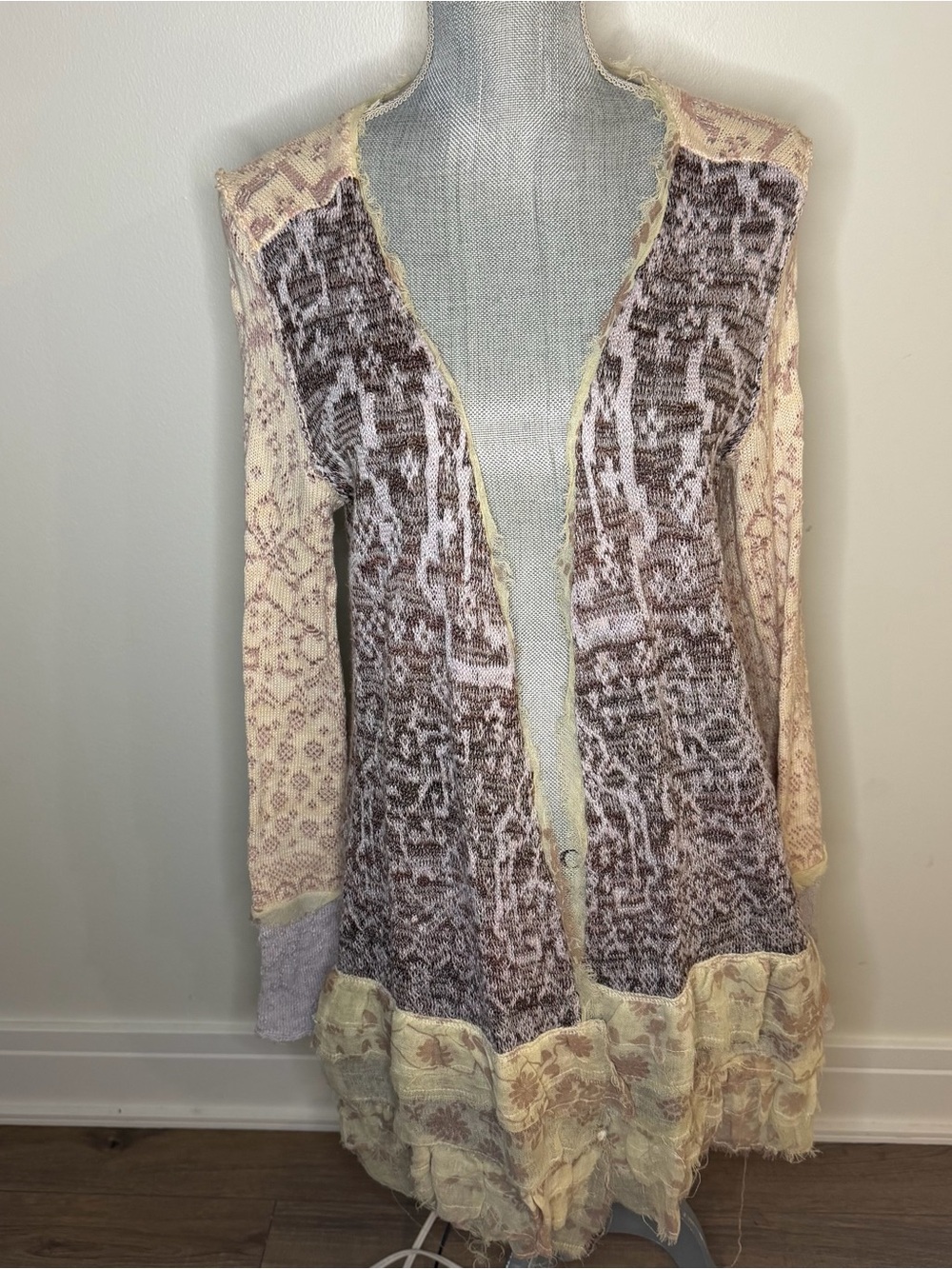 Free People Mixed-Knit Open Cardigan in Cream and Brown, M